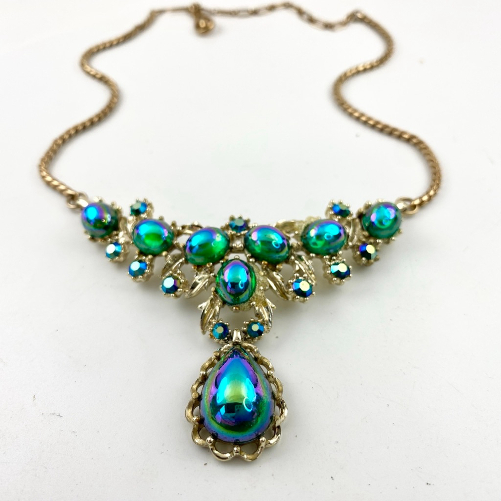 Vintage Coro Peacock Green Polychrome Cabochon Necklace Rhinestone Statement. - Picture 5 of 8